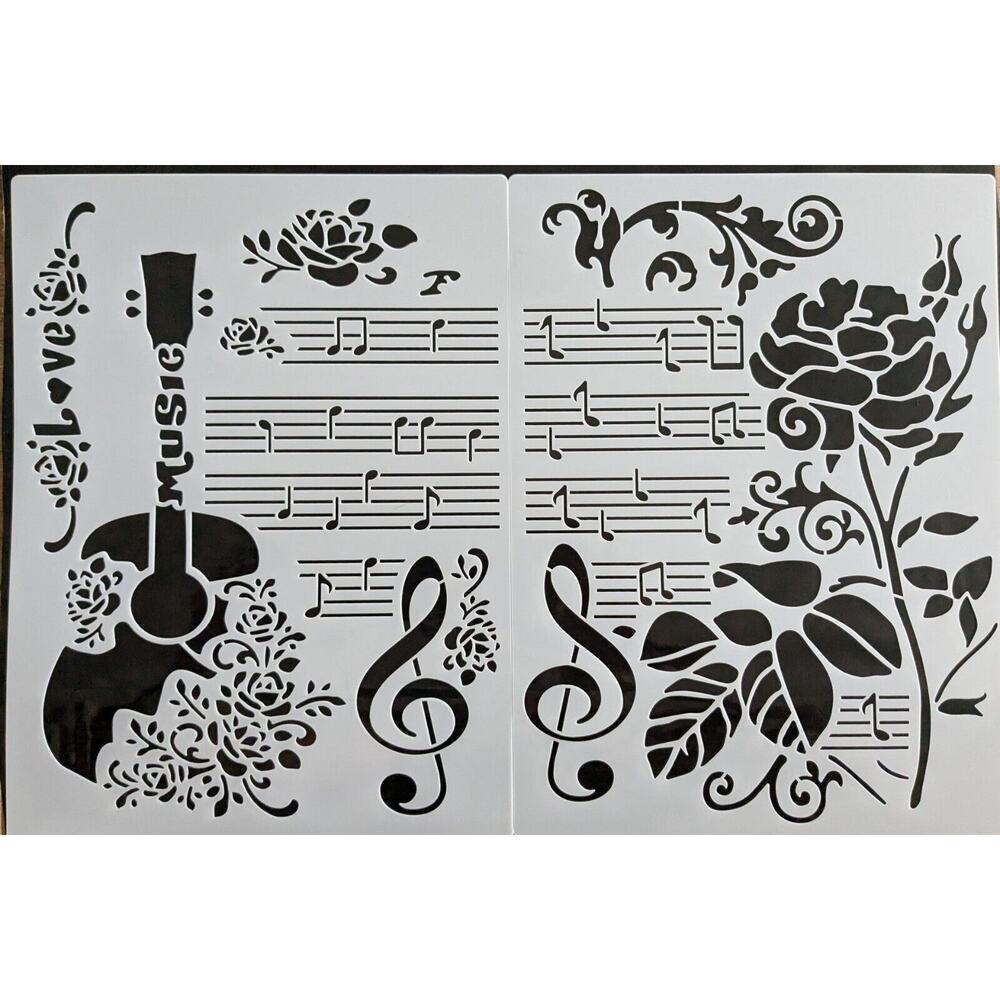 2 pc Guitar Roses Love Music Stencils 8.3" x 11" Piano Keys Layering Reusable
